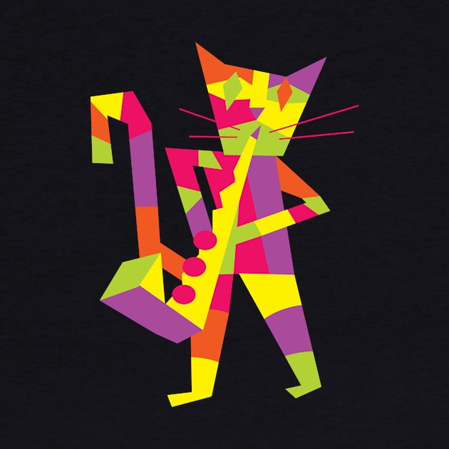 Cat playing saxophone cubist modern art style by jazzworldquest